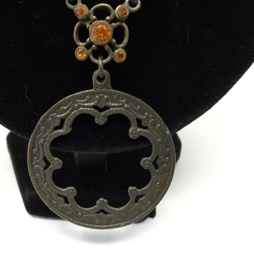 Vintage NY Pendant Beaded Necklace Amber Crystal‎ Boho 10.5 Inch